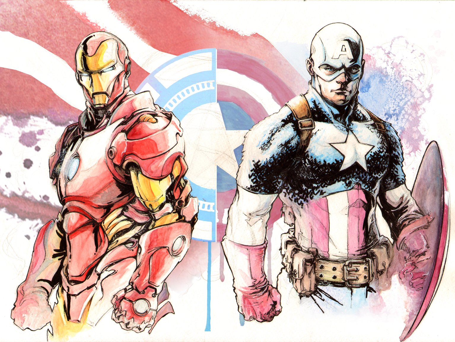 Captain America Iron Man watercolor half body by Alex Konat